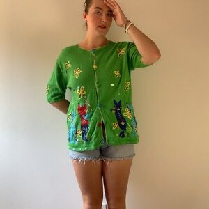 Y2K Knit Crazy Cat Embroidered Cardigan